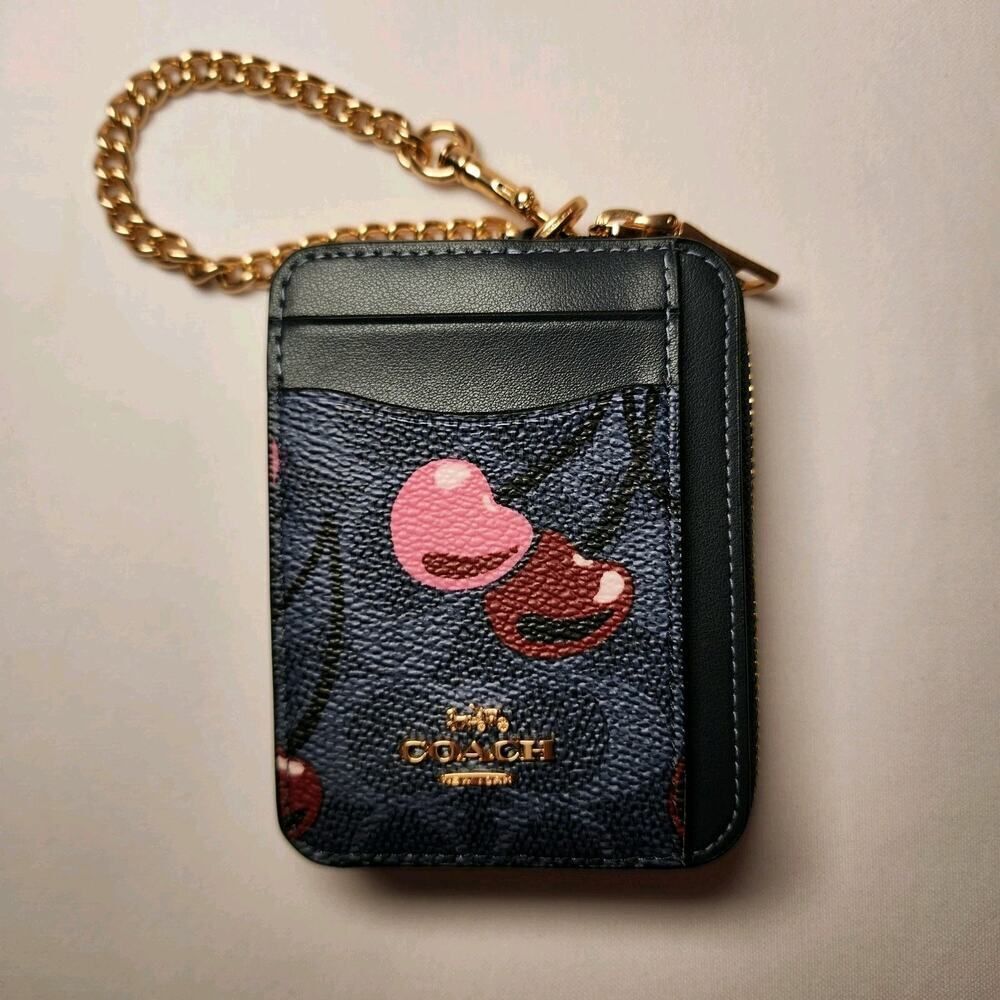 NWT Coach CZ468 Zip Card Case Signature Canvas Cherry Print Denim